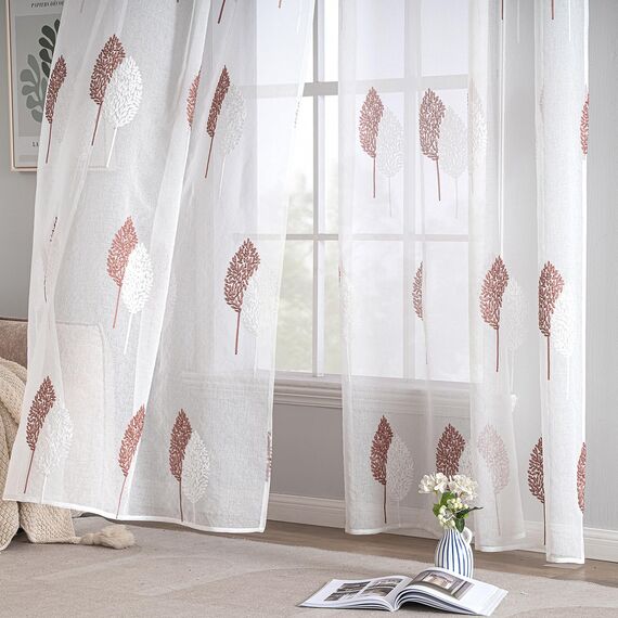 MIULEE Wohnzimmer Vorhänge Transparent mit Altrosa und Weiß Blätter Muster, Modern Stickerei Gardinen Ösen für Schlafzimmer Deko, 2er Set Schöne Blätter Muster Vorhang Fenster H 175 x B 140