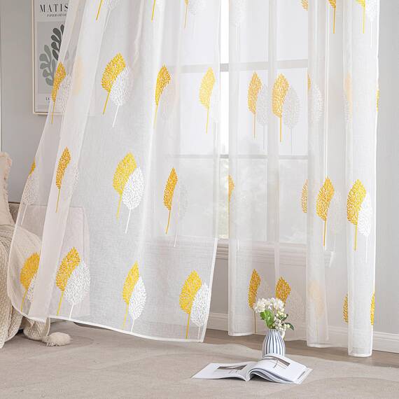 MIULEE Wohnzimmer Vorhänge Transparent mit Gelb und Weiss Blätter Muster, Modern Stickerei Gardinen Ösen für Schlafzimmer Deko, 2er Set Schöne Blätter Muster Vorhang Fenster H 260 x B 140