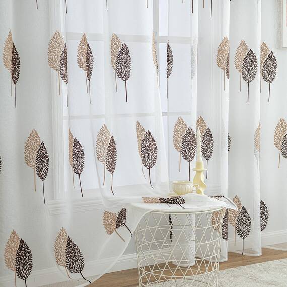 MIULEE Wohnzimmer Vorhänge Transparent mit Kaffee und Braun Blätter Muster, Modern Stickerei Gardinen Ösen für Schlafzimmer Deko, 2er Set Schöne Blätter Muster Herbst Vorhang Fenster H 175 x B 140