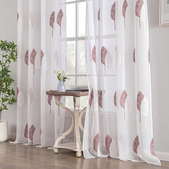MIULEE Wohnzimmer Vorhänge Transparent mit Altrosa und Weiß Blätter Muster, Modern Stickerei Gardinen Ösen für Schlafzimmer Deko, 2er Set Schöne Blätter Muster Vorhang Fenster H 245 x B 140