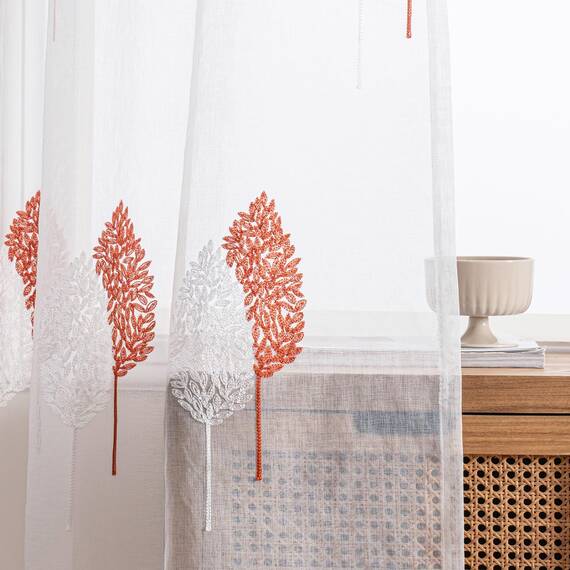 MIULEE Wohnzimmer Gardinen Transparent mit Terrakotta und Weiss Blätter Muster, Modern Stickerei Gardinen Ösen für Schlafzimmer Deko, 2er Set Schöne Blätter Muster Vorhang Fenster H 225 x B 140