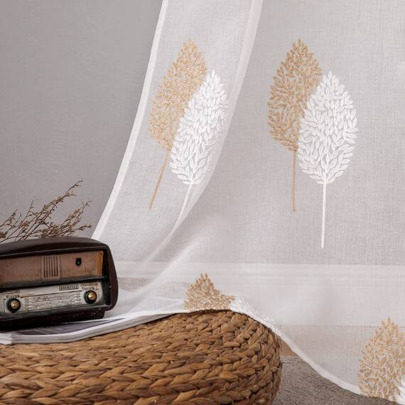 MIULEE Wohnzimmer Vorhänge Transparent mit Braun und Weiss Blätter Muster, Modern Stickerei Gardinen Ösen für Schlafzimmer Deko, 2er Set Schöne Blätter Muster Vorhang Fenster H 225 x B 140