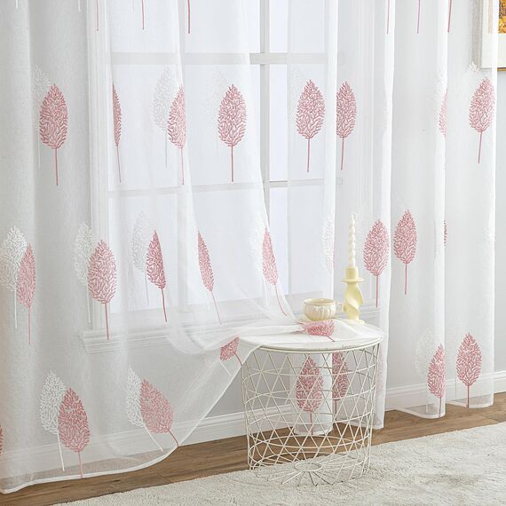 MIULEE Wohnzimmer Vorhänge Transparent mit Rosa und Weiss Blätter Muster, Modern Stickerei Gardinen Ösen für Schlafzimmer Deko, 2er Set Schöne Blätter Muster Vorhang Fenster H 260 x B 140