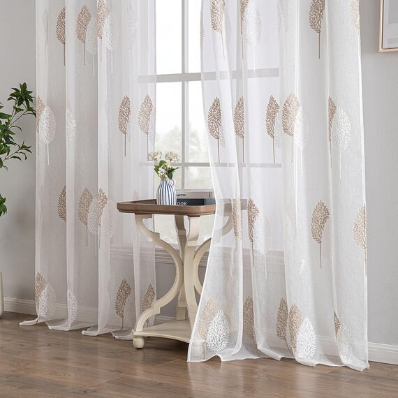 MIULEE Wohnzimmer Vorhänge Transparent mit Blätter Muster, Modern Stickerei Gardinen Ösen für Schlafzimmer Deko, 2er Set Schöne Blätter Muster Durchsichtig Vorhang Fenster H 225 x B 140