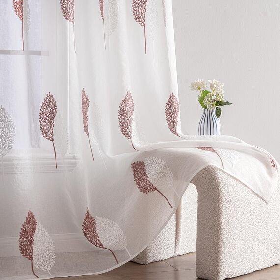 MIULEE Wohnzimmer Vorhänge Transparent mit Altrosa und Weiß Blätter Muster, Modern Stickerei Gardinen Ösen für Schlafzimmer Deko, 2er Set Schöne Blätter Muster Vorhang Fenster H 175 x B 140