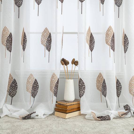 MIULEE Wohnzimmer Vorhänge Transparent mit Kaffee und Braun Blätter Muster, Modern Stickerei Gardinen Ösen für Schlafzimmer Deko, 2er Set Schöne Blätter Muster Herbst Vorhang Fenster H 175 x B 140