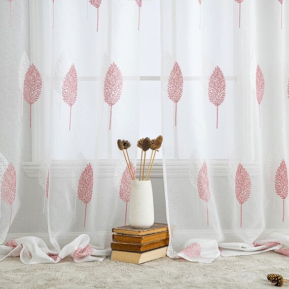 MIULEE Wohnzimmer Vorhänge Transparent mit Rosa und Weiss Blätter Muster, Modern Stickerei Gardinen Ösen für Schlafzimmer Deko, 2er Set Schöne Blätter Muster Vorhang Fenster H 260 x B 140
