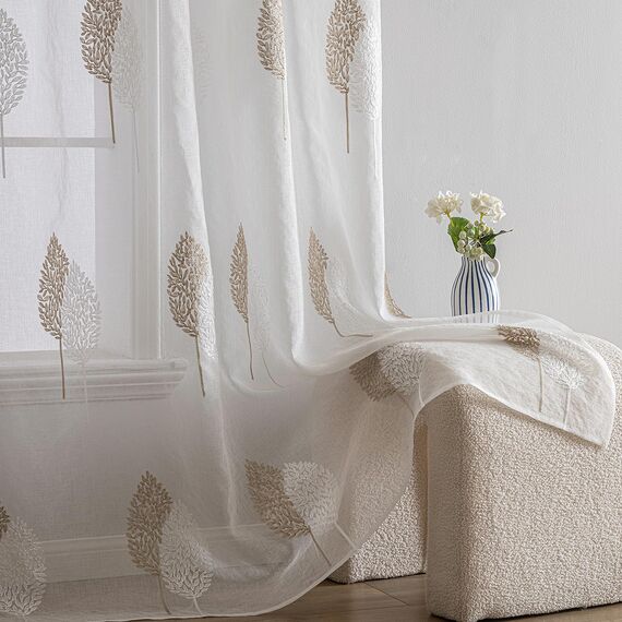 MIULEE Wohnzimmer Vorhänge Transparent mit Blätter Muster, Modern Stickerei Gardinen Ösen für Schlafzimmer Deko, 2er Set Schöne Blätter Muster Durchsichtig Vorhang Fenster H 225 x B 140