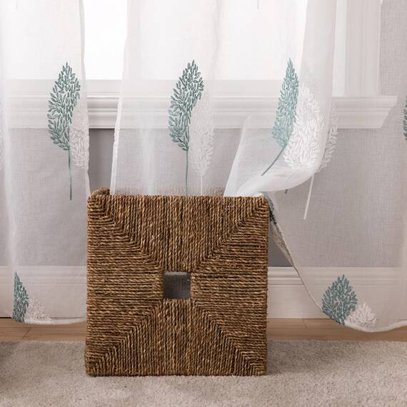 MIULEE Wohnzimmer Vorhänge Transparent mit Türkis und Weiss Blätter Muster, Modern Stickerei Gardinen Ösen für Schlafzimmer Deko, 2er Set Schöne Blätter Muster Vorhang Fenster H 280 x B 140