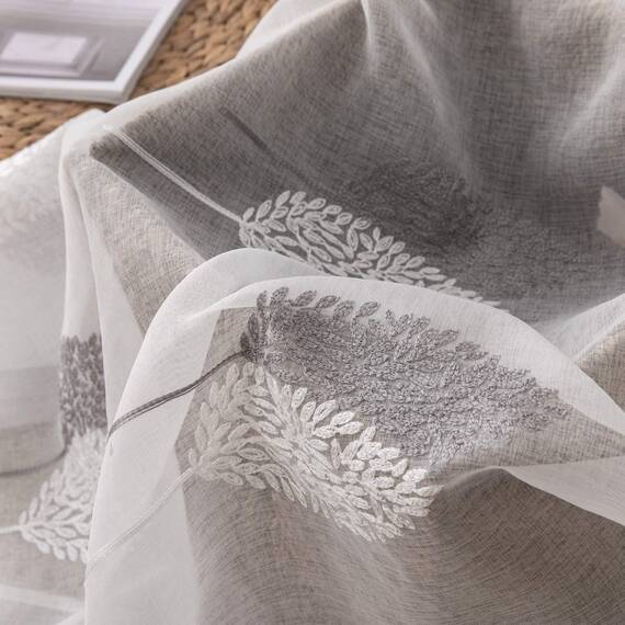 MIULEE Kurz Vorhänge Transparent mit Grau und Weiss Blätter Muster, Modern Stickerei Gardinen Ösen Für Kleines Fenster Kurzgardine, 2er Set Schöne Blätter Muster Vorhang Fenster H 145 x B 140