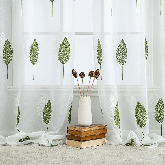 MIULEE Wohnzimmer Vorhänge Transparent mit Grün und Weiss Blätter Muster, Modern Stickerei Gardinen Ösen für Schlafzimmer Deko, 2er Set Schöne Blätter Muster Vorhang Fenster H 260 x B 140