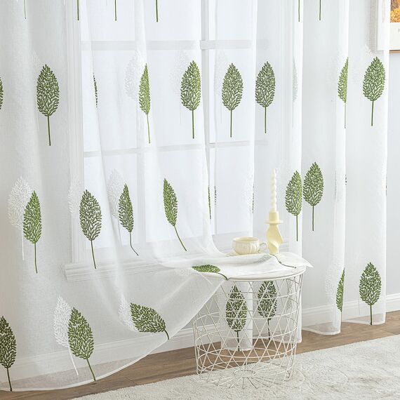 MIULEE Wohnzimmer Vorhänge Transparent mit Grün und Weiss Blätter Muster, Modern Stickerei Gardinen Ösen für Schlafzimmer Deko, 2er Set Schöne Blätter Muster Vorhang Fenster H 260 x B 140