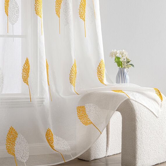 MIULEE Wohnzimmer Vorhänge Transparent mit Gelb und Weiss Blätter Muster, Modern Stickerei Gardinen Ösen für Schlafzimmer Deko, 2er Set Schöne Blätter Muster Vorhang Fenster H 245 x B 140