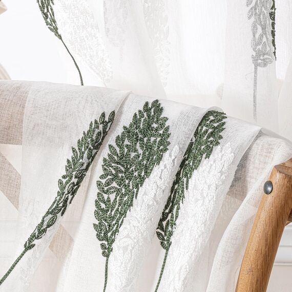 MIULEE Wohnzimmer Gardinen Transparent mit Dunkelgrün und Weiss Blätter Muster, Modern Stickerei Gardinen Ösen für Schlafzimmer Deko, 2er Set Schöne Blätter Muster Vorhang Fenster H 260 x B 140