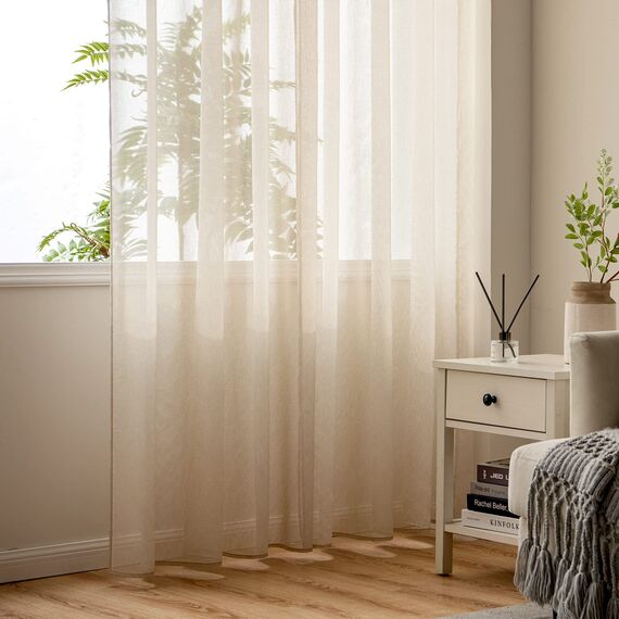 Woaboy Voile Gardinen Kurz Vorhänge Transparent Wohnzimmer mit Ösen Stores Gardinen Schlafzimmer Ösenvorhang Scheibengardine Schlaufengardinen Modern 2er Set 140x145 cm (B x H) Beige