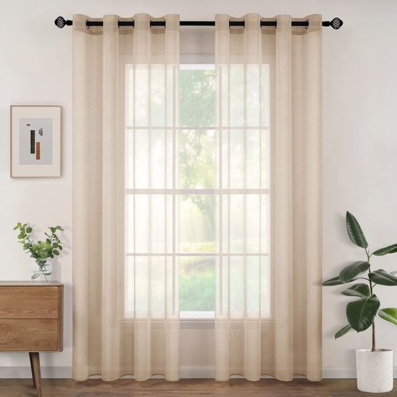 Woaboy Voile Gardinen Vorhänge Transparent Wohnzimmer mit Ösen Stores Gardinen Schlafzimmer Ösenvorhang Scheibengardine Schlaufengardinen Modern 2er Set 140x200cm (B x H) Beige