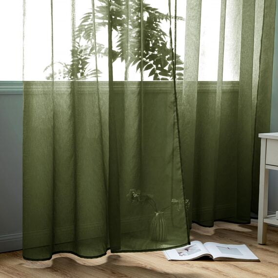 Woaboy Voile Gardinen Vorhänge Transparent Wohnzimmer mit Ösen Stores Gardinen Schlafzimmer Ösenvorhang Scheibengardine Schlaufengardinen Modern 2er Set 140x225 cm (B x H) Olivergrün