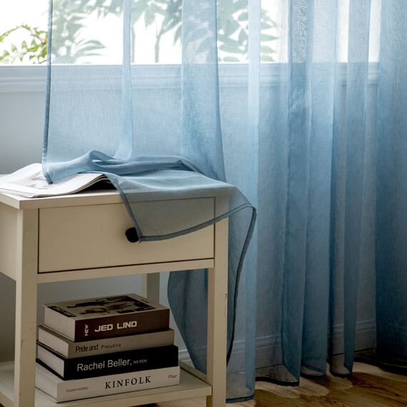 Woaboy Voile Gardinen Kurz Vorhänge Transparent Wohnzimmer mit Ösen Stores Gardinen Schlafzimmer Ösenvorhang Scheibengardine Schlaufengardinen Modern 2er Set 140x175 cm (B x H) Navy Blau