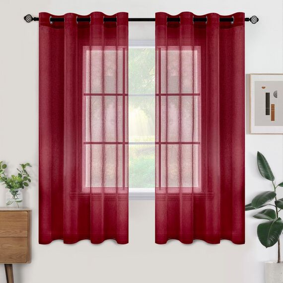 Woaboy Voile Gardinen Kurz VorhängeTransparent Wohnzimmer mit Ösen Stores Gardinen Schlafzimmer Ösenvorhang Scheibengardine Schlaufengardinen Modern 2er Set 140x145 cm (B x H) Wein Rot