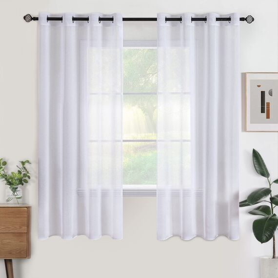 Woaboy Voile Gardinen Kurz Weiss Vorhänge Transparent Wohnzimmer mit Ösen Stores Gardinen Schlafzimmer Ösenvorhang Scheibengardine Schlaufengardinen Modern 2er Set 140x137 cm (B x H) Weiß