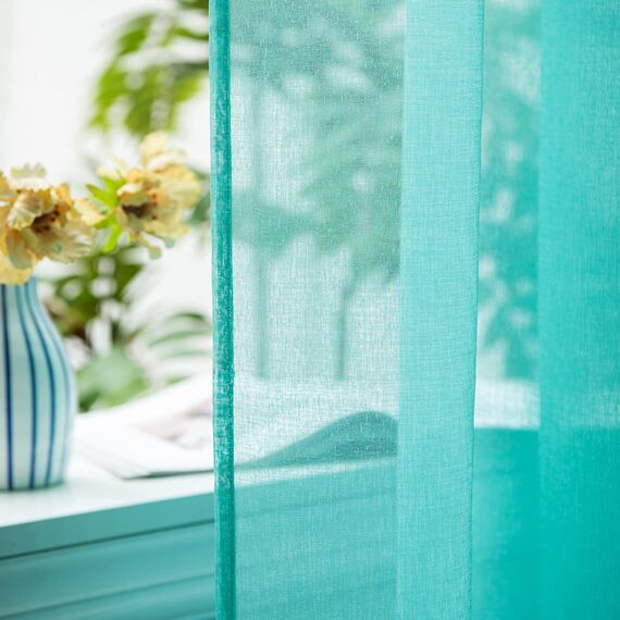 Woaboy Voile Gardinen Vorhänge Transparent Wohnzimmer mit Ösen Stores Gardinen Schlafzimmer Ösenvorhang Scheibengardine Schlaufengardinen Modern 2er Set 140x245 cm (B x H) Türkis