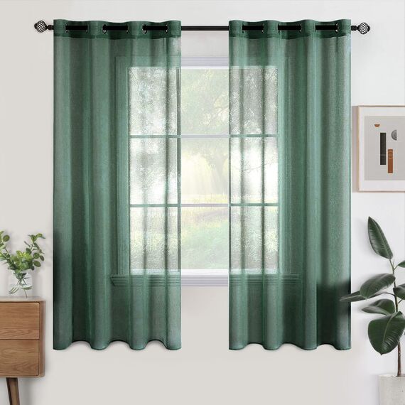 Woaboy Voile Gardinen Kurz Vorhänge Transparent Wohnzimmer mit Ösen Stores Gardinen Schlafzimmer Ösenvorhang Scheibengardine Schlaufengardinen Modern 2er Set 140x175 cm (B x H) Dunkelgrün