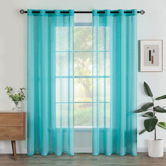 Woaboy Voile Gardinen Vorhänge Transparent Wohnzimmer mit Ösen Stores Gardinen Schlafzimmer Ösenvorhang Scheibengardine Schlaufengardinen Modern 2er Set 140x245 cm (B x H) Türkis