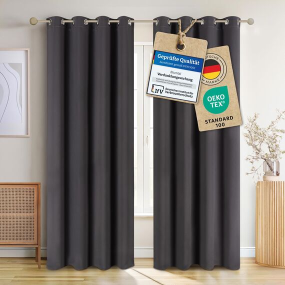 Blumtal Verdunklungsvorhänge 2er Set - Thermovorhang Hitzeschutz - Vorhang Blickdicht mit Ösen - Gardinenschals mit Schlaufen - Lärmschutzvorhang - Gardinen 138x117 cm - Curtains - Anthrazit