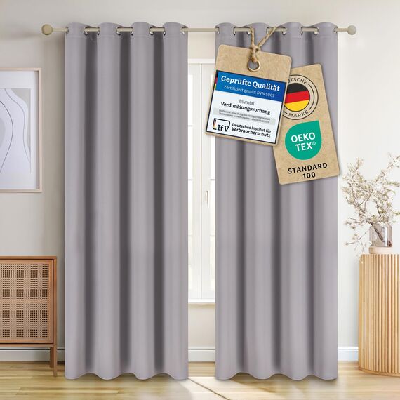 Blumtal Verdunklungsvorhänge 2er Set - Thermovorhang Hitzeschutz - Vorhang Blickdicht mit Ösen - Gardinenschals mit Schlaufen - Thermovorhang - Gardinen 265x140cm - Vorhang Schlafzimmer dick - Grau