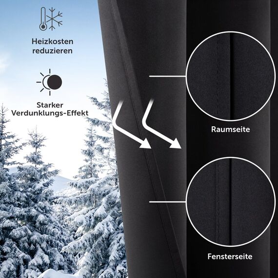 Blumtal 2er-Set Gardinen Verdunklungsvorhänge Blickdicht - Elegante Wärmeisolierende Vorhänge mit Ösen, Thermovorhang für alle Fenster und Jahreszeiten, 145 x 140 cm, Schwarz