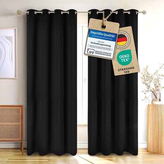 Blumtal Verdunklungsvorhänge 2er Set - Thermovorhang Hitzeschutz - Vorhang Blickdicht mit Ösen - Gardinenschals mit Schlaufen - Gardinen 175x140 cm - Thermogardine wärmeisolierend - Vorhang Schwarz