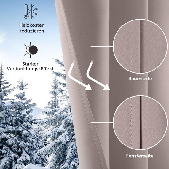Blumtal Verdunklungsvorhänge 2er Set - Thermovorhang Hitzeschutz - Vorhang Blickdicht mit Ösen - Gardinenschals mit Schlaufen - Gardinen 295x140 cm-Gardienenschalset 2er - Gardinen Ösen - Taupe