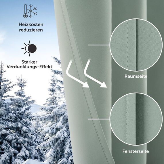 Blumtal Verdunklungsvorhänge 2er Set - Thermovorhang Hitzeschutz - Vorhang Blickdicht mit Ösen - Gardinenschals mit Schlaufen - Lärmschutzvorhang - Gardinen 225x140 cm - Wohnzimmer Gardinen - Grün