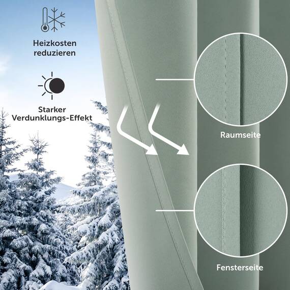 Blumtal Verdunklungsvorhänge 2er Set - Thermovorhang Hitzeschutz - Vorhang Blickdicht mit Ösen - Gardinenschals mit Schlaufen - Lärmschutzvorhang - Gardinen 295x140 cm - Vorhang Fenster - Grün