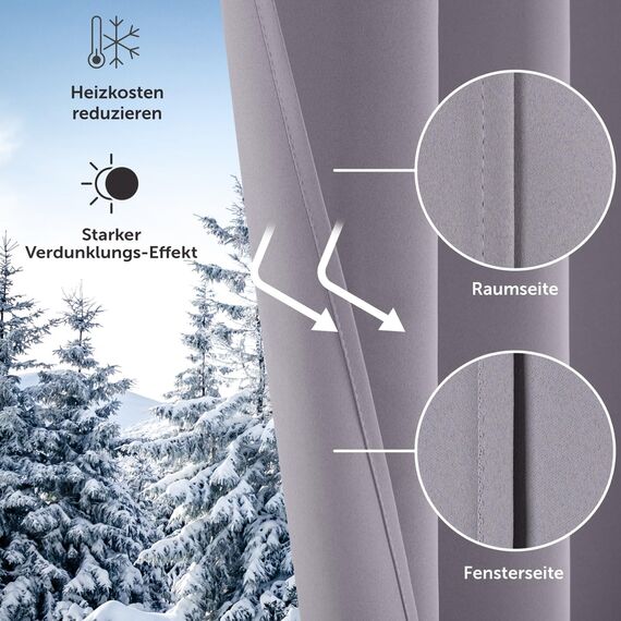 Blumtal Verdunklungsvorhänge 2er Set - Thermovorhang Hitzeschutz - Vorhang Blickdicht mit Ösen - Gardinenschals mit Schlaufen - Lärmschutzvorhang-Gardinen 145x140cm - Schlaufenschal - Gardine Grau