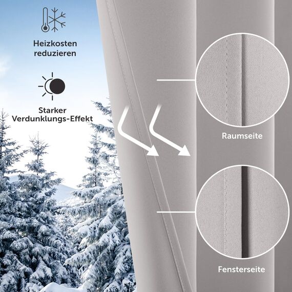 Blumtal Verdunklungsvorhänge 2er Set - Thermovorhang Hitzeschutz - Vorhang Blickdicht mit Ösen - Gardinenschals mit Schlaufen - Vorhänge mit Ösen - Gardinen 295x140 cm-Curtain - Moonlight Grey - Grau