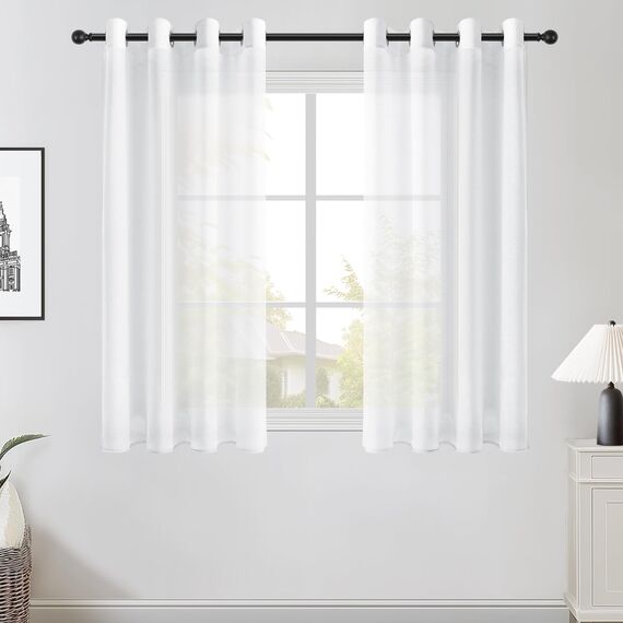 Topfinel Gardinen Kurz Vorhang Stores Gardine mit Ösen Vorhänge Weiß Halbtransparent Gardienen Schals Wohnzimmer Modern Weihnachtsdeko Fenster Ösenvorhang 2er Set 145x140cm (HxB)