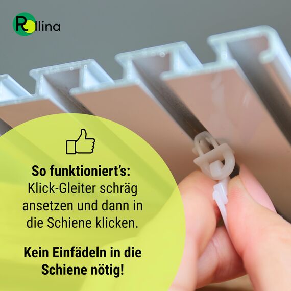 Rollina klick-Gleiter | Gardinenhaken für Gardinenschiene mit 6-6,5mm Innenlauf | Vorhang Haken lang | auch für Wohnwagen Wohnmobil Caravan LKW | 50 Stück | Made in Germany