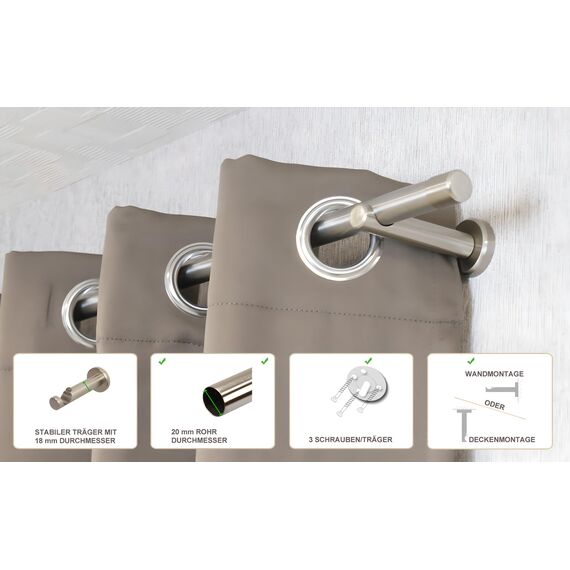 iso-design Gardinenstange 20 mm Farbe Edelstahl, Vorhangstange zur Wand- und Deckenmontage geeignet, Rohr aus Edelstahl, Set mit Halterungen und Endstück Kappe, 180 cm