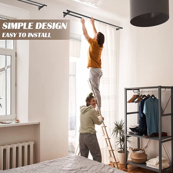 Gardinenstangen Innenlauf 2-Läufig aus Edelstahl, 76-238cm Gardinenstangen Verstellbare mit Kappenknäufen und Halterungen - Dekorative Fenster für Wohnzimmer Schlafzimmer Fenster/Schwarz