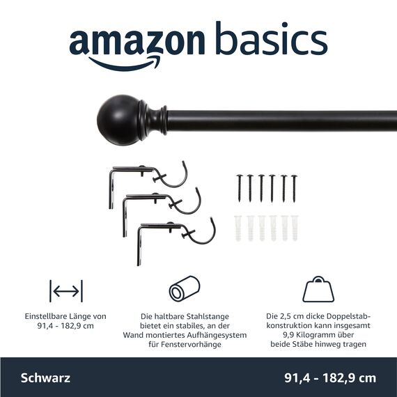 Amazon Basics Ausziehbare Gardinenstange mit Kugelendstücken, 19 mm Durchmesser, 91 bis 183 cm, Schwarz