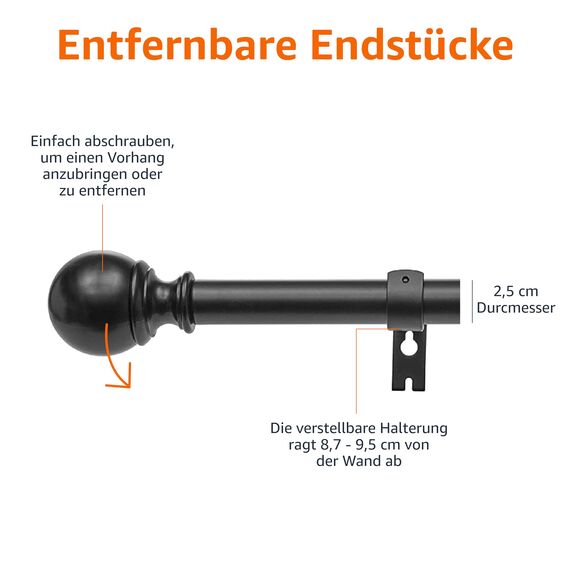 Amazon Basics Ausziehbare Gardinenstange mit Kugelendstücken, 19 mm Durchmesser, 91 bis 183 cm, Schwarz