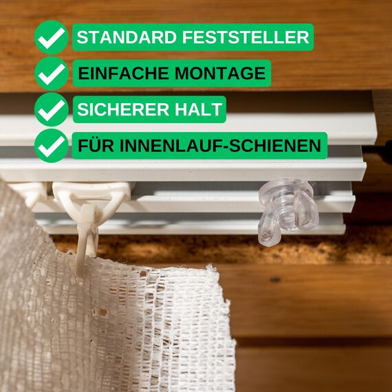 Gardinen Feststeller, 12 Stück, Transparent, Hartplastik, für min. 10 x 6 mm Laufkammern, Stopper für Schienensysteme mit Innenläufen, Zwischenfeststeller, Endstopfen, Endfeststeller Gardinenschiene