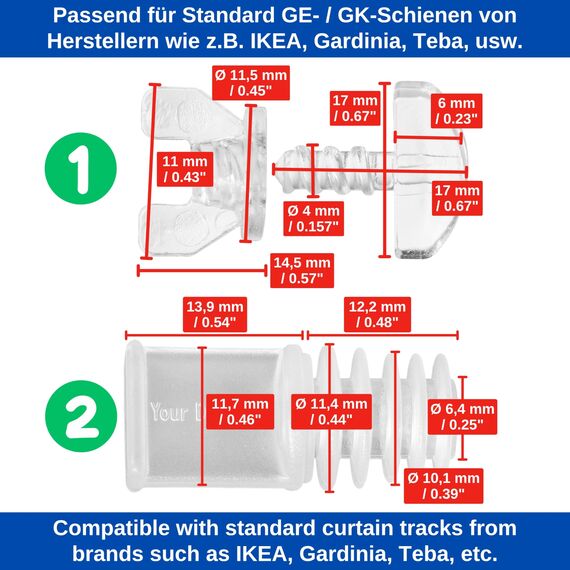 Gardinen Feststeller, 12 Stück, Transparent, Hartplastik, für min. 10 x 6 mm Laufkammern, Stopper für Schienensysteme mit Innenläufen, Zwischenfeststeller, Endstopfen, Endfeststeller Gardinenschiene