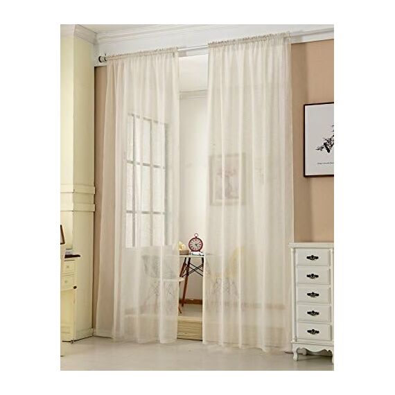 WOLTU 2er Set Gardinen, Vorhänge für Wohnzimmer Kinderzimmer Schlafzimmer, mit Kräuselband, Leinenoptik, Halbtransparent Voile, 140 x 245 cm, Creme
