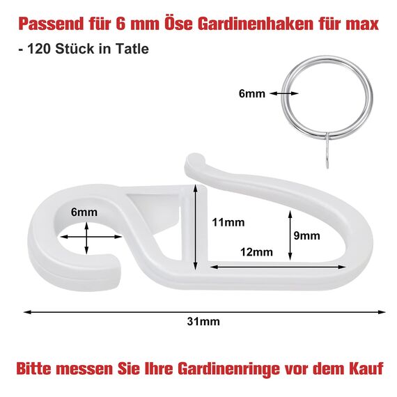 tonyg-p 120 Überklipshaken Gardinenhaken Faltenlegehaken für Gardinenringe 5mm, Vorhang Haken Gardinen Zubehör (Weiß)