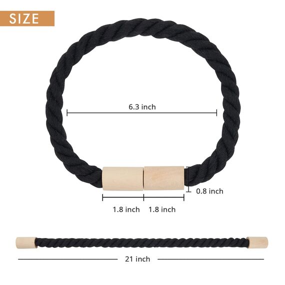 Pretty Jolly 2 Stück Magnetische Vorhang Raffhalter aus Holz, Boho, Heimdekoration, drapierte Raffhalter, handgefertigt, Baumwollseil, Vorhanghalter für Zuhause und Büro, Fenstervorhänge (Schwarz)