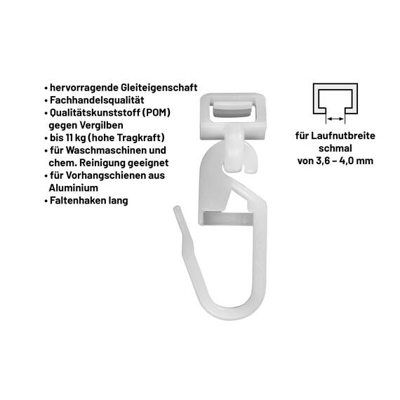 Deco-Raum 100 Stück Click-Gleiter Laufkanal 3,6-4,0mm Gardinengleiter Faltengleiter Faltenlegehaken für Faltenband Kräuselband passend für Gardinenschienen Vorhangschienen Original Hinno HC72