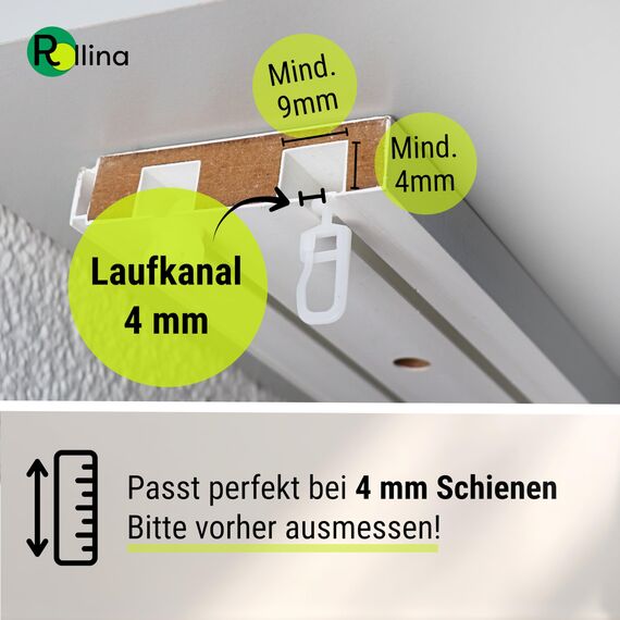 Rollina Gardinengleiter 7mm (100 Stück) | Gardinenhaken für Schienen mit 4mm Innenlauf-Breite | Vorhanghaken | auch passend für KVARTAL Leiste