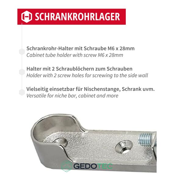 Gedotec Decken-Schrankrohrlager | 2 Stück Kleiderstangen-Halterung Metall | OVAL | Aufhängung für Schrankstangen & Garderobenstangen Chrom | MADE IN GERMANY |Schrankrohr-Halter mit Schraube M6 x 28mm